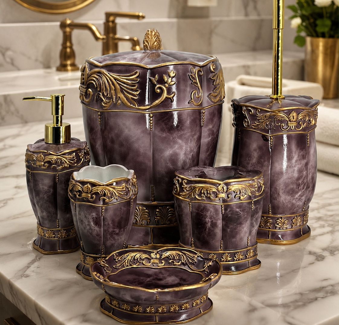 Victoria Ceramic 6-Piece Bathroom Set - Purple Marble