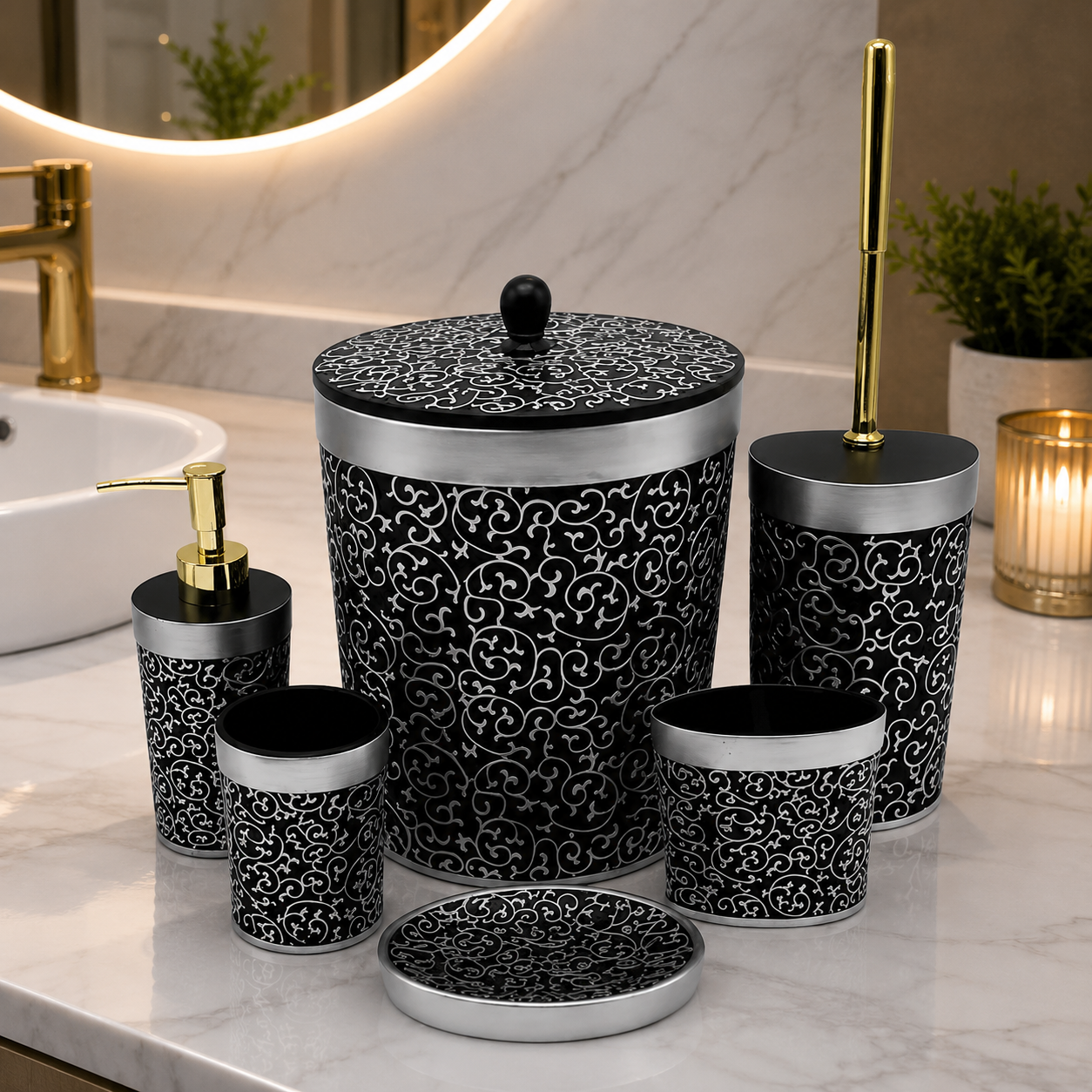 6-Piece Black & Silver Filigree Pattern Bathroom Set