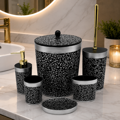 6-Piece Black & Silver Filigree Pattern Bathroom Set