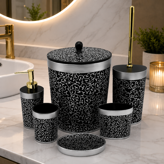 6-Piece Black & Silver Filigree Pattern Bathroom Set