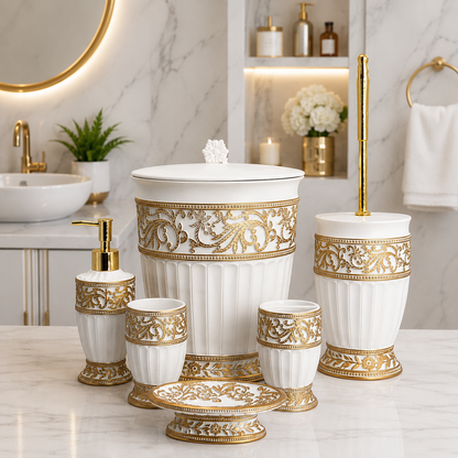 6-Piece White & Gold Embossed Bathroom Set