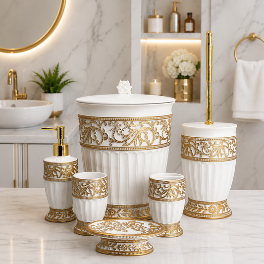 6-Piece White & Gold Embossed Bathroom Set
