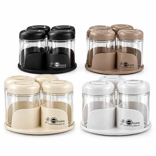 Close-up of glass spice jars with beige airtight lids sitting on a rotating base holder