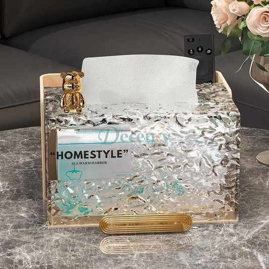 acrylic tissue box, water texture tissue holder, luxury tissue case, modern acrylic napkin box, transparent tissue dispenser, decorative tissue holder