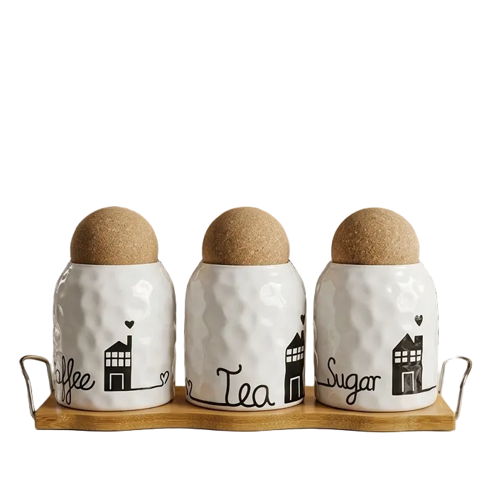 3-Piece Ceramic Kitchen Canister Set with Wooden Stand –