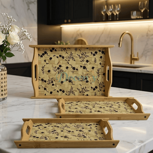 Wooden Bamboo Serving Tray Set of 3 with Floral Print