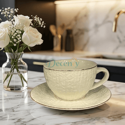 6 Pcs Elegant Ivory Textured Tea Cup & Saucer Set