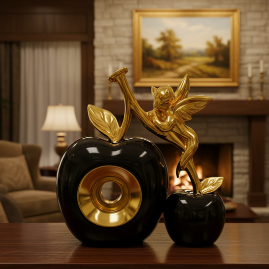 Elegant Black & Gold Apple with Fairy Figurine