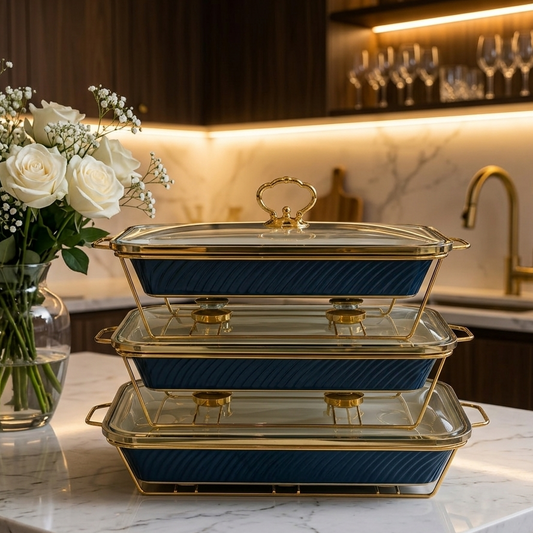 Rectangular Blue Glass Lid Serving Dish Set – Premium Elegant