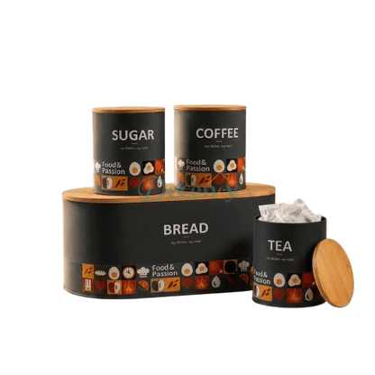 Modern Pantry Storage Set with Bread Box & Wooden Lid Canisters (4PC)