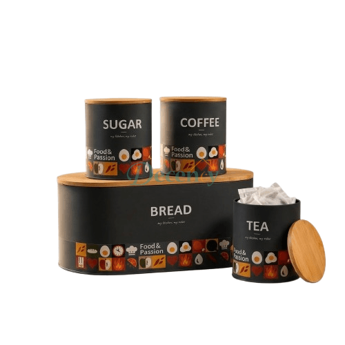 Modern Pantry Storage Set with Bread Box & Wooden Lid Canisters (4PC)