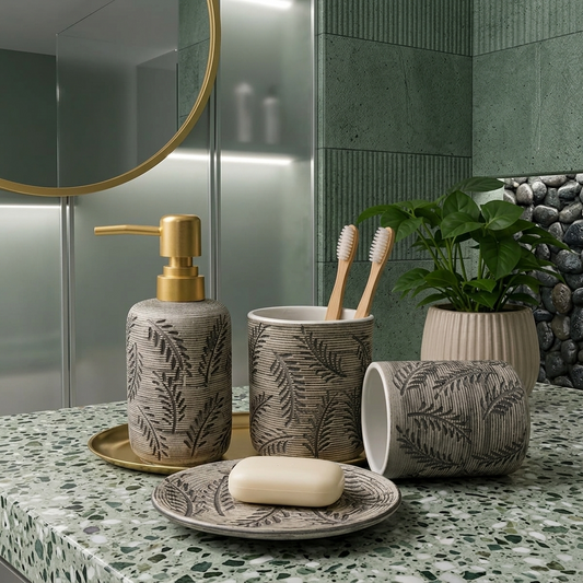 4-Piece Ceramic Bathroom Accessories Set with Gold Pump