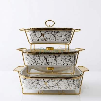 3 Pcs Luxury Ceramic Buffet Dish Set with Golden Stand & Lid ( 3 )