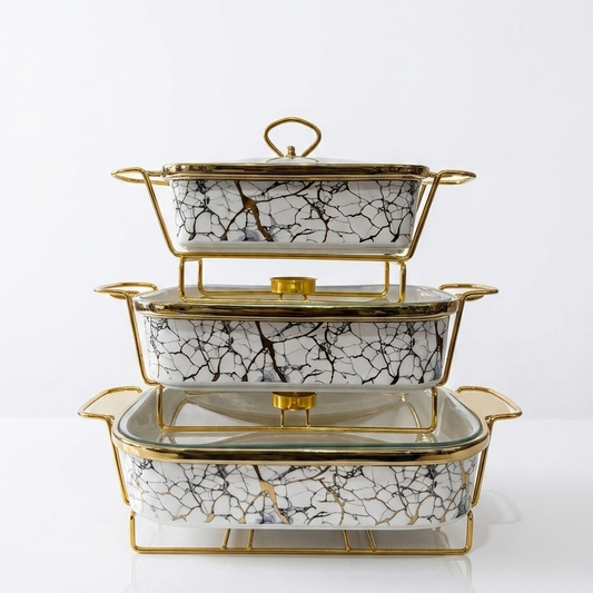 3 Pcs Luxury Ceramic Buffet Dish Set with Golden Stand & Lid ( 3 )