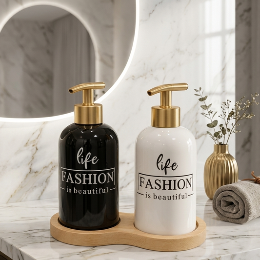 2-Piece Ceramic Soap Dispenser with Wooden Tray - Fashion