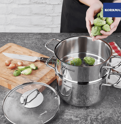 Korkmaz Perla High Quality Stainless Steel Steamer Pot Set 24cm