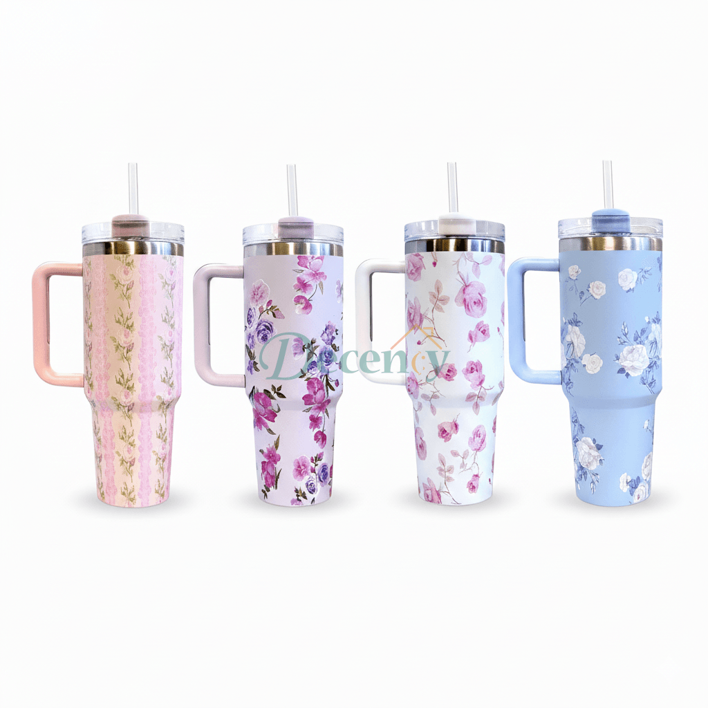 Floral Printed 1200ML Stainless Steel Insulated Tumbler with Handle and Straw for Hydration