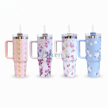 Floral Printed 1200ML Stainless Steel Insulated Tumbler with Handle and Straw for Hydration