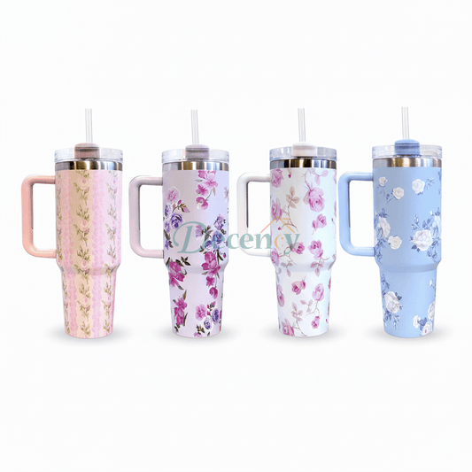 Floral Printed 1200ML Stainless Steel Insulated Tumbler with Handle and Straw for Hydration