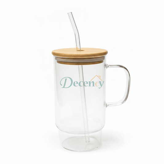 700ml Short Base Borosilicate Glass Tumbler with Straw & Bamboo Lid –