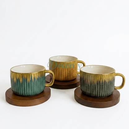Luxury Stoneware Coffee Cup Set with Wooden Saucers – 6 Piece