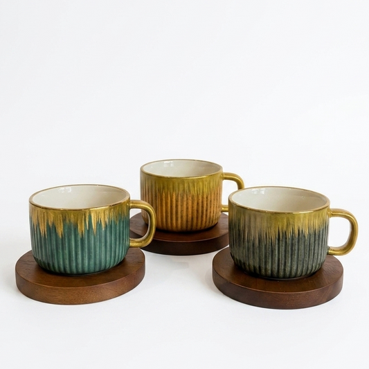 Luxury Stoneware Coffee Cup Set with Wooden Saucers – 6 Piece