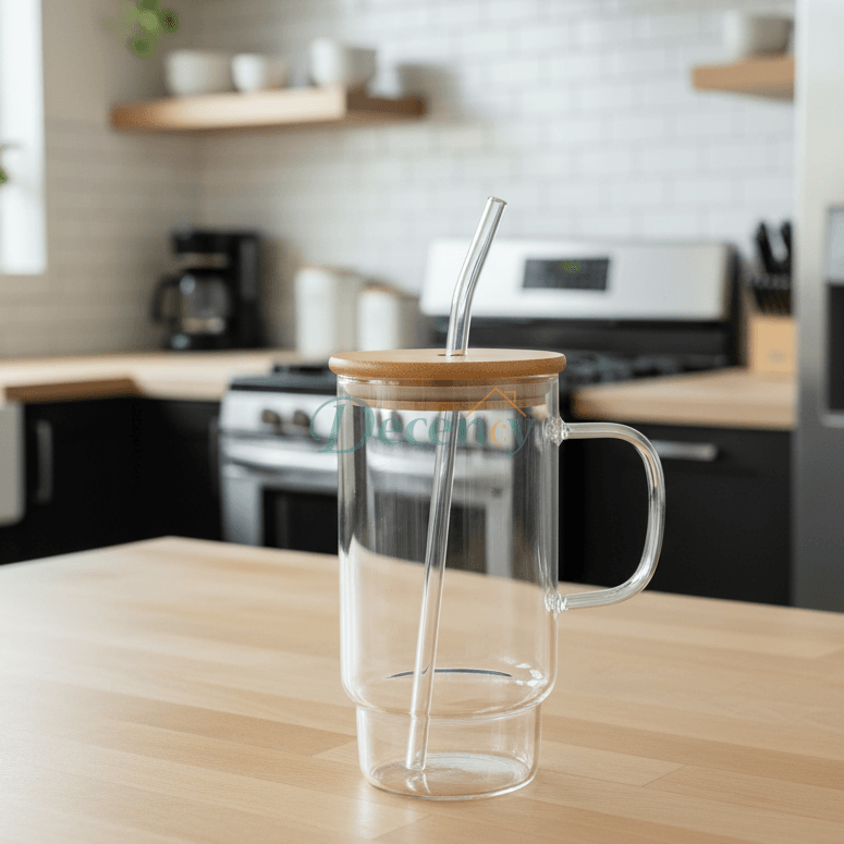 700ml Short Base Borosilicate Glass Tumbler with Straw & Bamboo Lid –