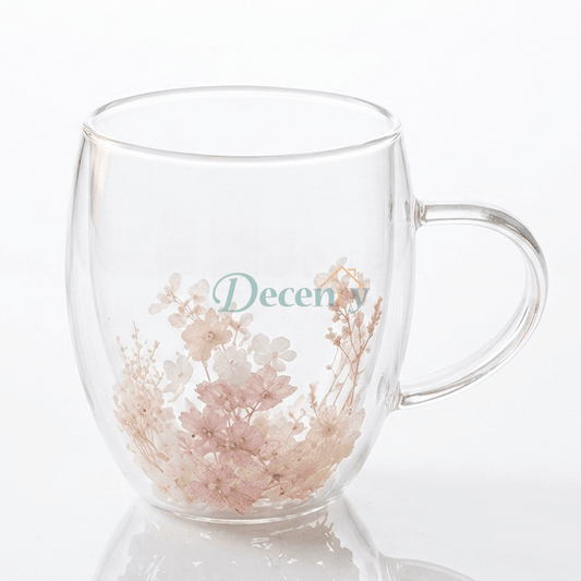 Double Wall Flower Glass Coffee Mug with Bloom Flowers 350 ML