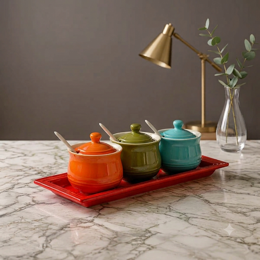 Le Creuset Ceramic Condiment Jar Set with Tray & Spoons