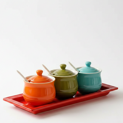 Le Creuset Ceramic Condiment Jar Set with Tray & Spoons