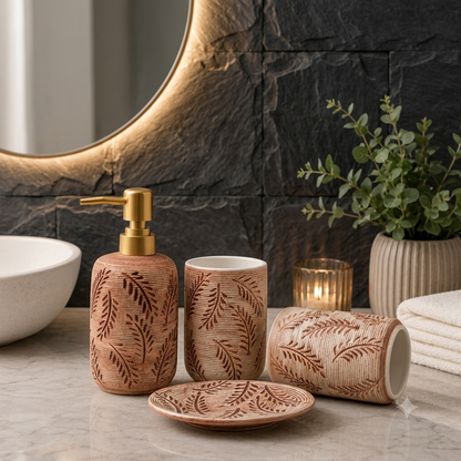 4-Piece Ceramic Bathroom Accessories Set with Gold Pump