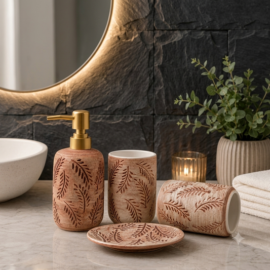 4-Piece Ceramic Bathroom Accessories Set with Gold Pump