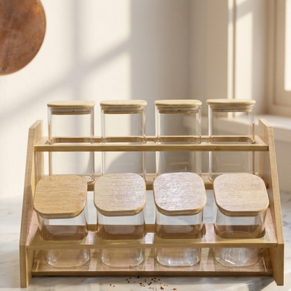 Elegant Bamboo Spice Tube Holder with Glass Jars – 8 Pieces