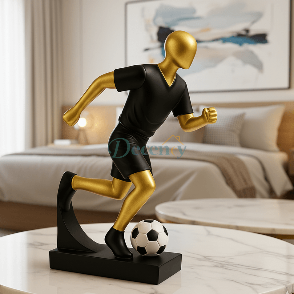 Golden Fiber Footballer Statue – Modern Sports Art Decor Piece