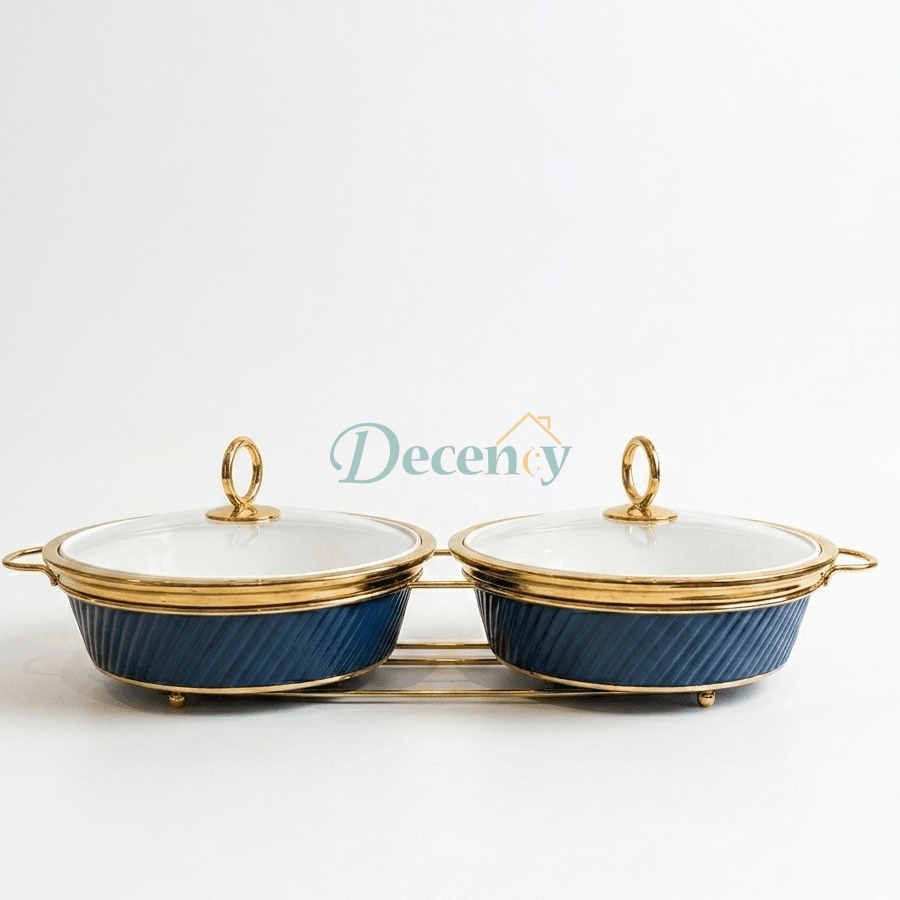 Double Round Blue Serving Dish Set – 12 Inches Elegant Ceramic Serving Bowl