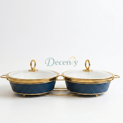 Double Round Blue Serving Dish Set – 12 Inches Elegant Ceramic Serving Bowl