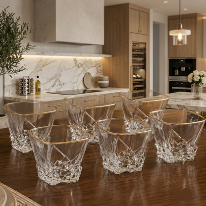Elegant Gold Rim Crystal Whiskey & Juice Glass Set – 6 Pcs