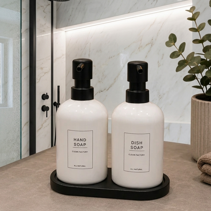 2-Piece Ceramic Soap Dispenser Set with Tray (White)