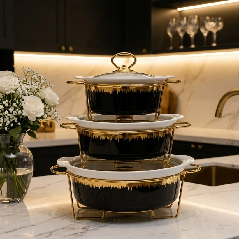 Round Black  Serving Dish Set – Elegant Ceramic Dinnerware Collection