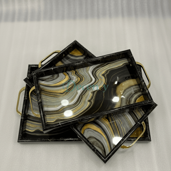 3-Piece Black Aesthetic & Gold Marble-Look Serving Tray Set