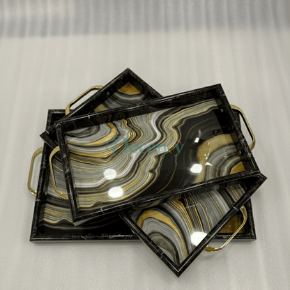 3-Piece Black Aesthetic & Gold Marble-Look Serving Tray Set