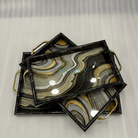 3-Piece Black Aesthetic & Gold Marble-Look Serving Tray Set