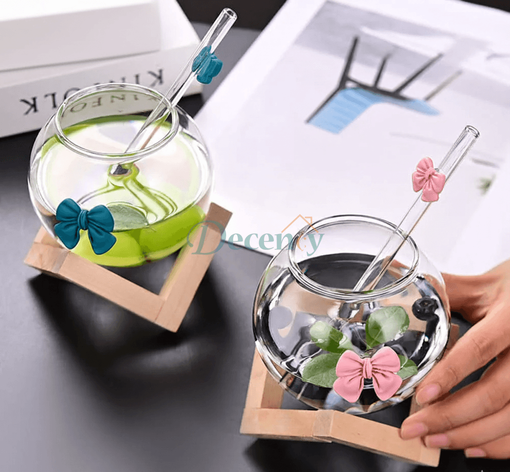 Elegant Double Wall Glass Mug with Straw & Bamboo Base