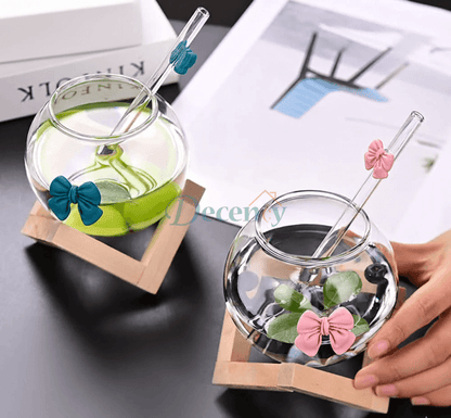 Elegant Double Wall Glass Mug with Straw & Bamboo Base