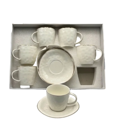 Luxury White Porcelain Tea Cup & Saucer Set – 12 Piece Textured with Gold Rim