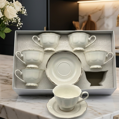 Elegant Embossed Design With Silver Rim  6 Pcs Cups & Saucers sets