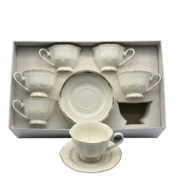 Elegant Embossed Design With Silver Rim  6 Pcs Cups & Saucers sets