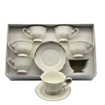 Elegant Embossed Design With Silver Rim  6 Pcs Cups & Saucers sets