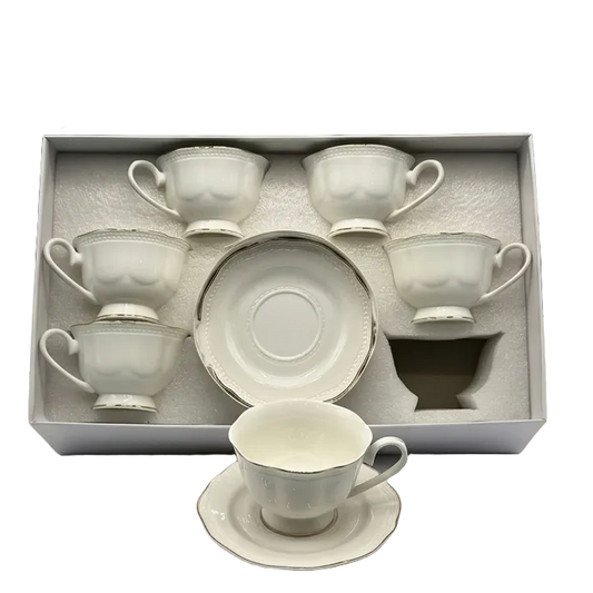 Elegant Embossed Design With Silver Rim  6 Pcs Cups & Saucers sets