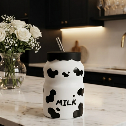 Cute Cow Print Glass Milk Bottle with Lid & Straw
